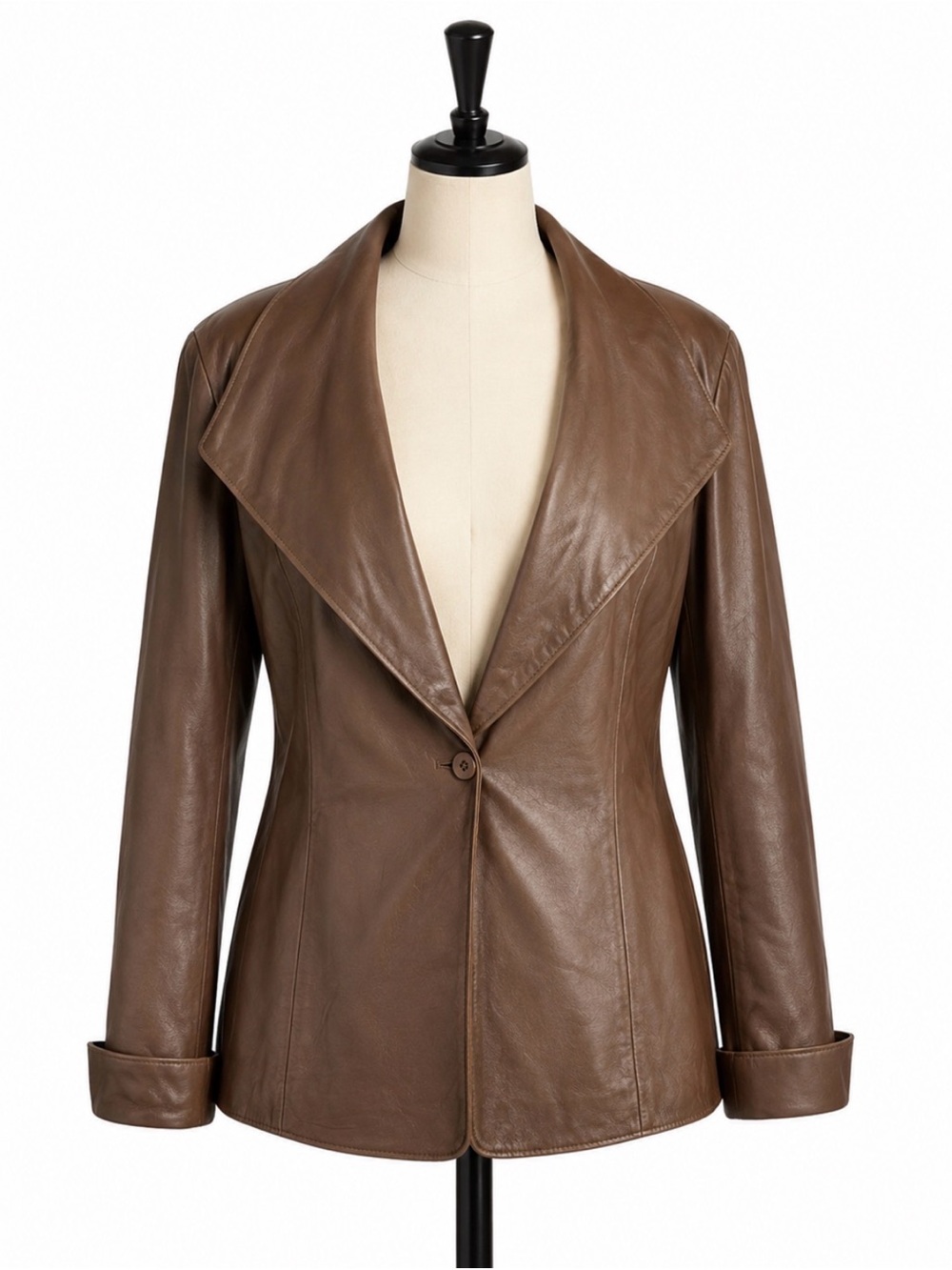Women’s Brown Genuine Leather Blazer Jacket Open Front Peplum Tailored Medium